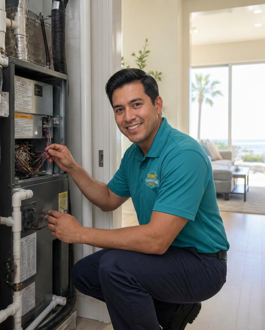 HVAC technician servicing an indoor heating and cooling system in a San Diego home
